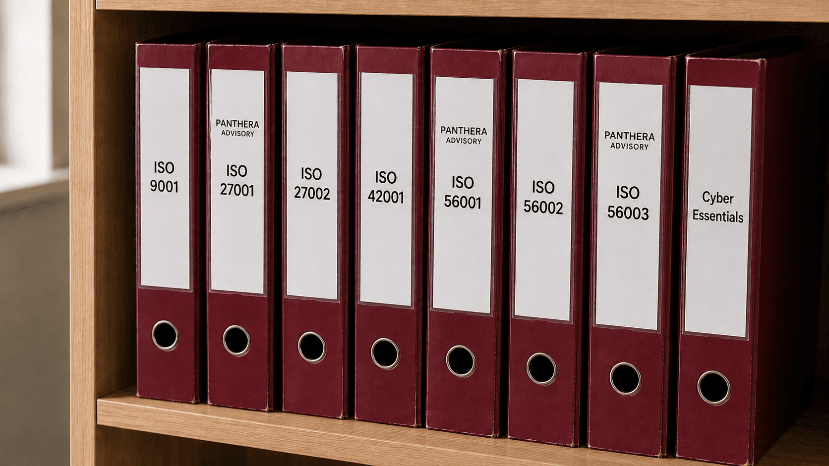 A row of mulberry-coloured A4 ring binders on a light oak office shelf. The binders are labelled ISO 9001, ISO 27001, ISO 27002, ISO 42001, ISO 56001, ISO 56002, ISO 56003, and Cyber Essentials, with the Panthera Advisory wordmark on three of the inserts.