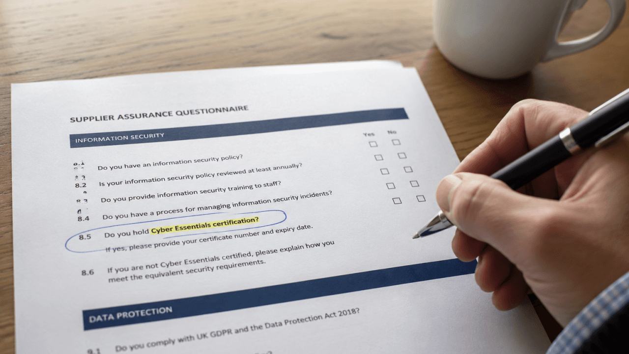 A supplier assurance questionnaire with a question about Cyber Essentials certification circled in pen.