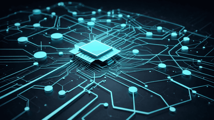 A stylised circuit board with a central processor, representing the systems through which innovation decisions flow.
