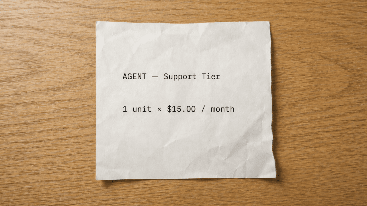 A handwritten receipt on a wooden surface reading: Agent, Support Tier, 1 unit times fifteen dollars per month.