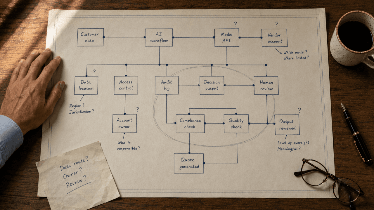 A hand-drawn AI workflow diagram on aged paper, with annotated questions about data location, account ownership, and human review.