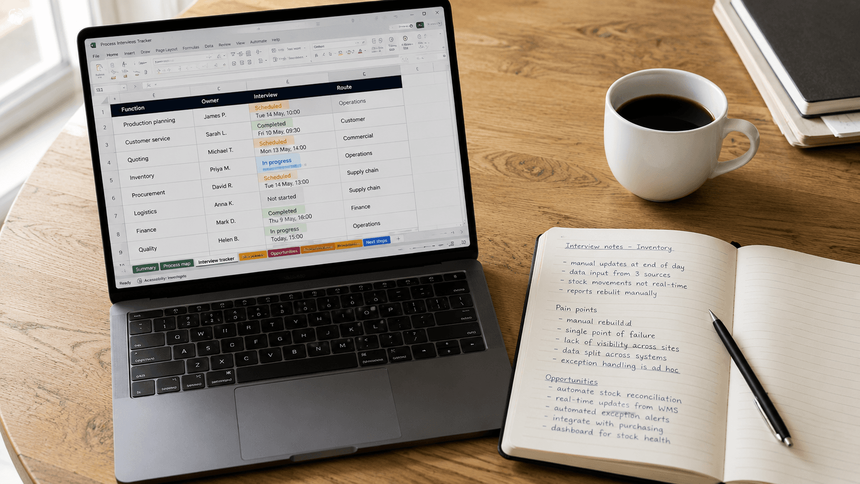 An open laptop on a wooden desk showing a structured spreadsheet workbook with columns for Function, Owner, Interview, and Route. Beside the laptop, a notebook with handwritten interview notes including pain points and opportunities. A coffee cup sits to the side.